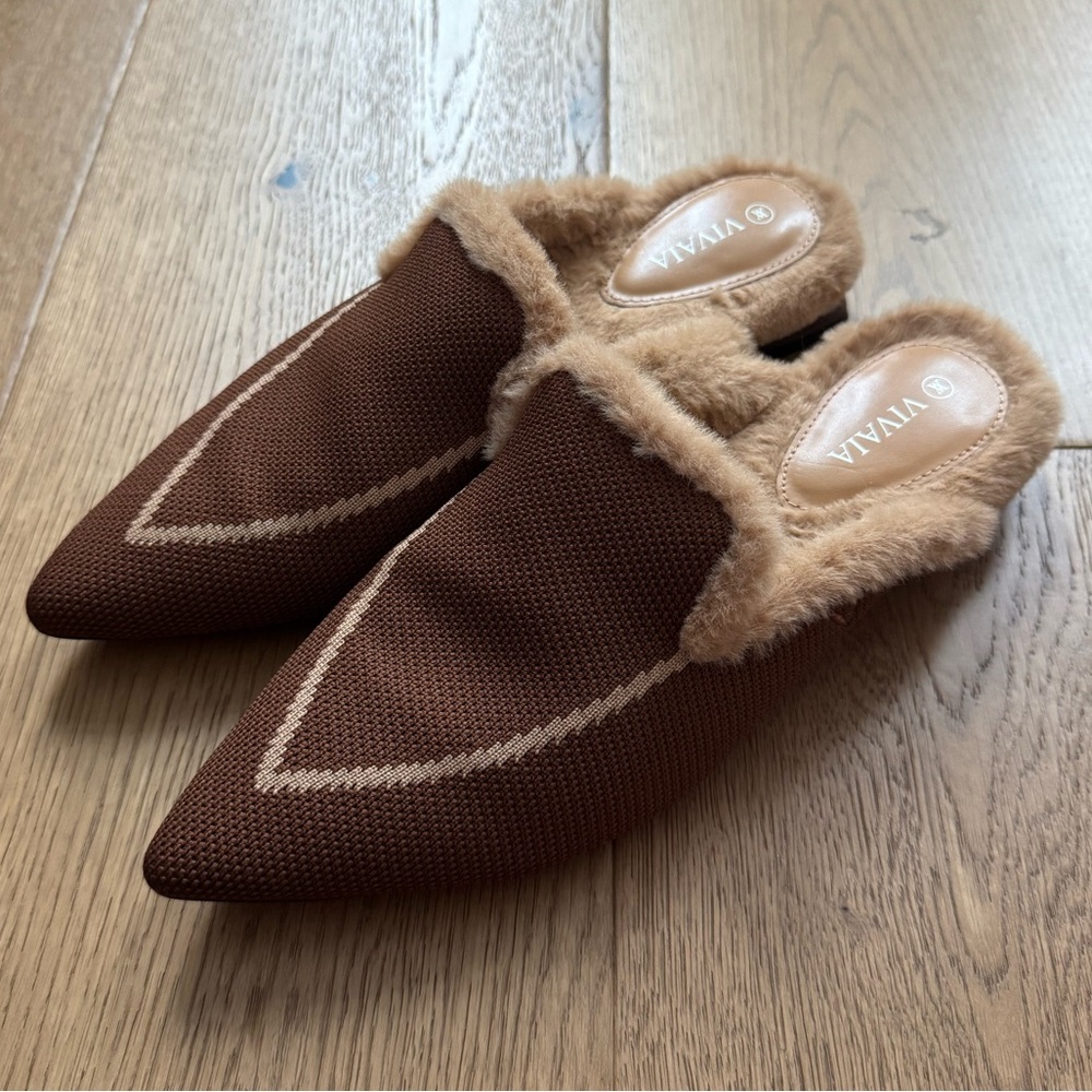 Vivaia - Tina Pointed-Toe Heeled Fluffy Mules - Size 37 - Brown & Tan - EUC+
